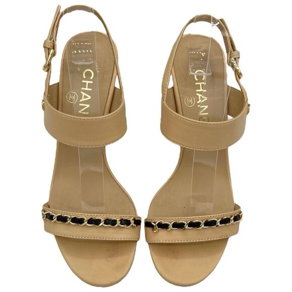 Chanel Beige Leather Open Toe Chain Heeled Slingback Sandals - Picture 3 of 9